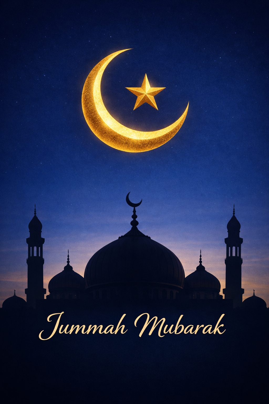 Golden crescent moon over mosque dome against twilight sky for Jummah Mubarak greeting